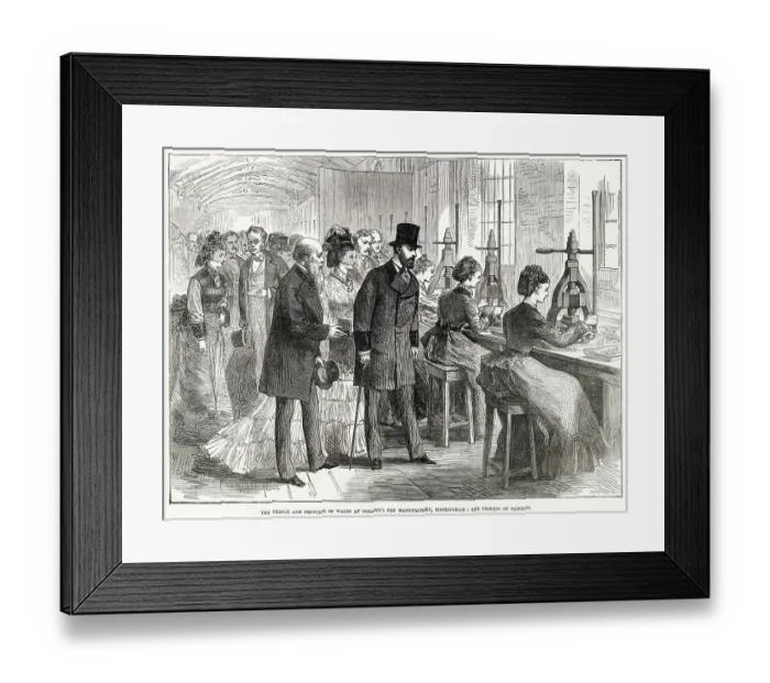Framed Print : Royal visit by Prince and Princess of Wales (later King Edward VII and Queen Alexandra) to Mr. Joseph Gillott, steel pens manufacture in West Midlands, Birmingham. Been show the process of slitting. Date: 1874 Framed Print : Royal visit by Prince and Princess of Wales (later King Edward VII and Queen Alexandra) to Mr. Joseph Gillott, steel pens manufacture in West Midlands, Birmingham. Been show the process of slitting. Date: 1874