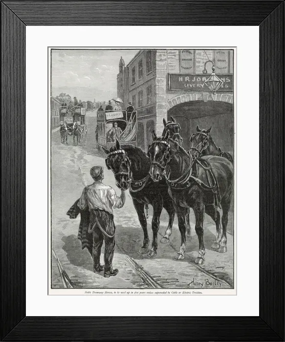 Framed Print : The introduction of electric trams in the cities of Britain were becoming more popular due to being cleaner, cheaper, smoother, roomier and safer. In the next two decades the horse-drawn buses became obsolete. Date: 1897 Framed Print : The introduction of electric trams in the cities of Britain were becoming more popular due to being cleaner, cheaper, smoother, roomier and safer. In the next two decades the horse-drawn buses became obsolete. Date: 1897