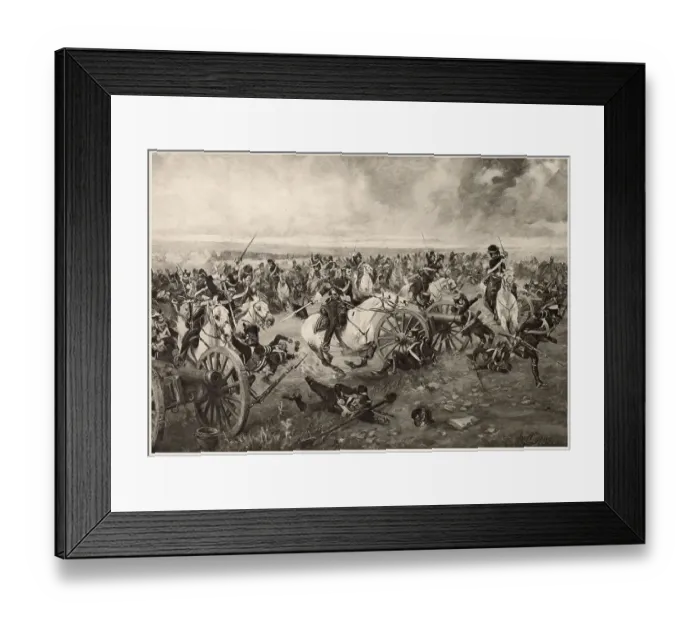 Framed Print : The Scots Greys under Ponsonby charge, two batteries of French artillery after having taken the colours of the 105th reigment. Date: 1815 Framed Print : The Scots Greys under Ponsonby charge, two batteries of French artillery after having taken the colours of the 105th reigment. Date: 1815