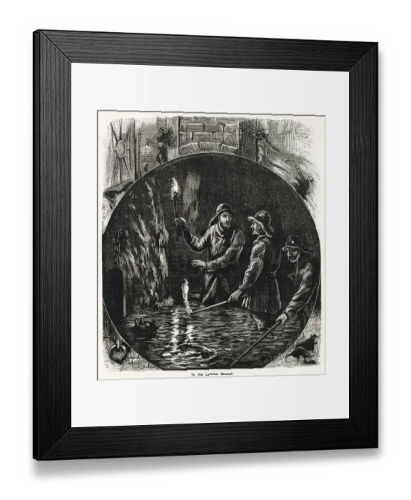 Framed Print : Men wearing heavy oilskin protective clothing would go into the tunnels under the streets of London to unblock the sewers with a combing method. Date: 1881 Framed Print : Men wearing heavy oilskin protective clothing would go into the tunnels under the streets of London to unblock the sewers with a combing method. Date: 1881
