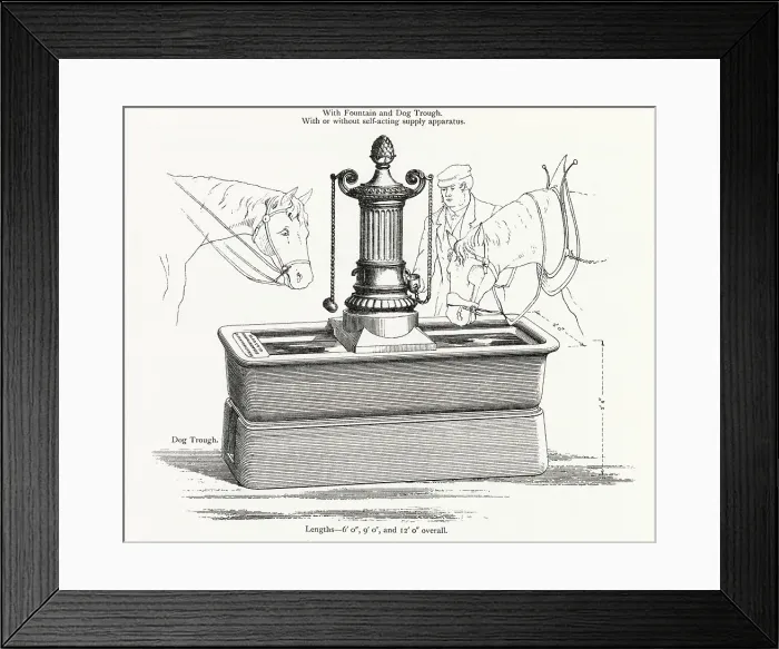 Framed Print : Public cast iron water trough for horses, dogs and driver. Date: 1906 Framed Print : Public cast iron water trough for horses, dogs and driver. Date: 1906
