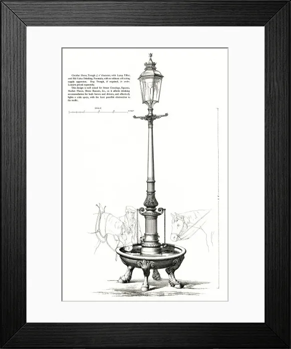 Framed Print : Decorative cast iron electric lamp pillar with drinking fountain for horses and driver, dog trough optional. Date: 1906 Framed Print : Decorative cast iron electric lamp pillar with drinking fountain for horses and driver, dog trough optional. Date: 1906