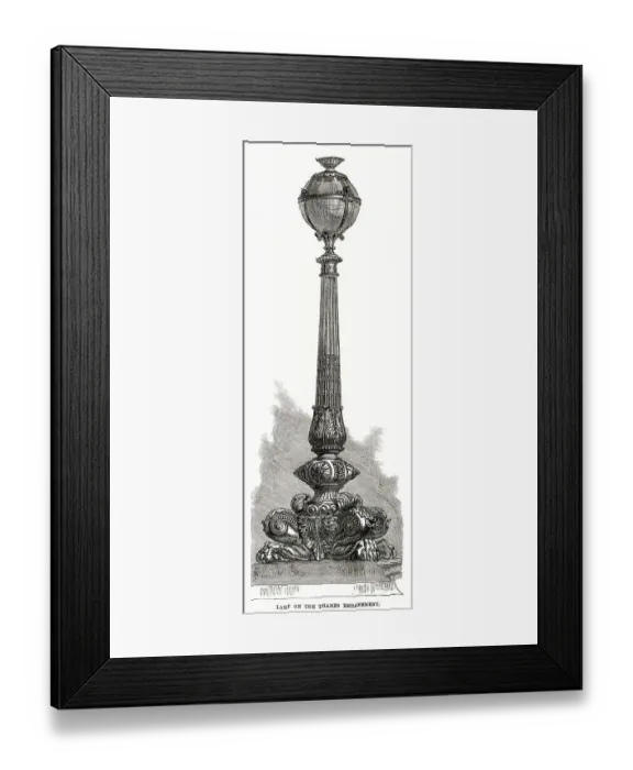 Framed Print : Proposed design published in The Illustrated London News for the cast-iron decorative street lamps that would align the River Thames on the Embankment, London. Date: 1870 Framed Print : Proposed design published in The Illustrated London News for the cast-iron decorative street lamps that would align the River Thames on the Embankment, London. Date: 1870