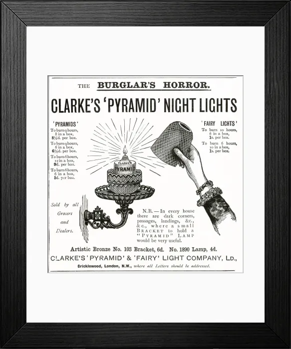 Framed Print : The Pyramid Night Lights, bronze bracket wall holder that burned for nine hours. Date: 1894 Framed Print : The Pyramid Night Lights, bronze bracket wall holder that burned for nine hours. Date: 1894