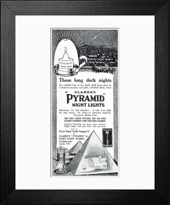 Framed Print : Advert for Clarke's Pyramid Night Lights 1912 Framed Print : Advert for Clarke's Pyramid Night Lights 1912