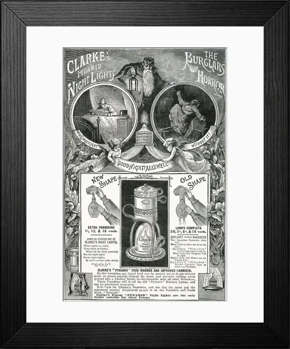 Framed Print : Advert for Clarke's Pyramid Night Lights 1892 Framed Print : Advert for Clarke's Pyramid Night Lights 1892