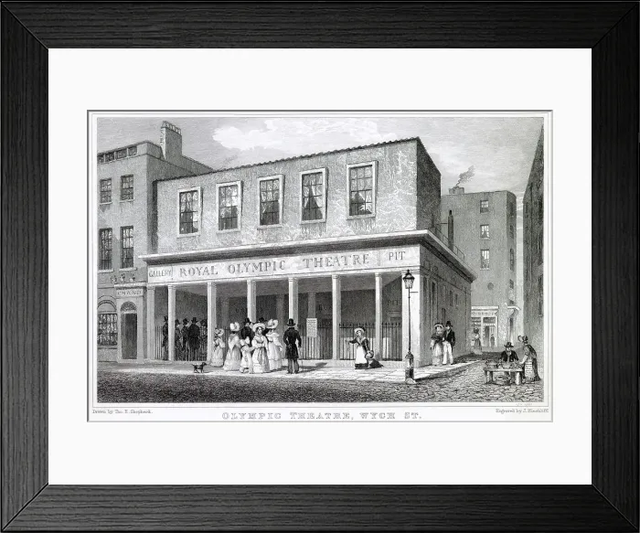 Framed Print : Exterior of Olympic Theatre, located junction of Drury Lane, Wych Street, London, specialised in comedies. Date: 1831 Framed Print : Exterior of Olympic Theatre, located junction of Drury Lane, Wych Street, London, specialised in comedies. Date: 1831