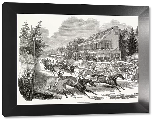 Horses racing, with thousands of spectators. Date: 1844