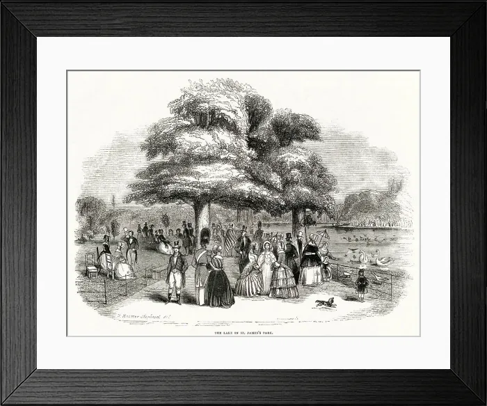 Framed Print : Victorian taking a walk in St James's Park, London, in the summer months. Date: August 1844 Framed Print : Victorian taking a walk in St James's Park, London, in the summer months. Date: August 1844