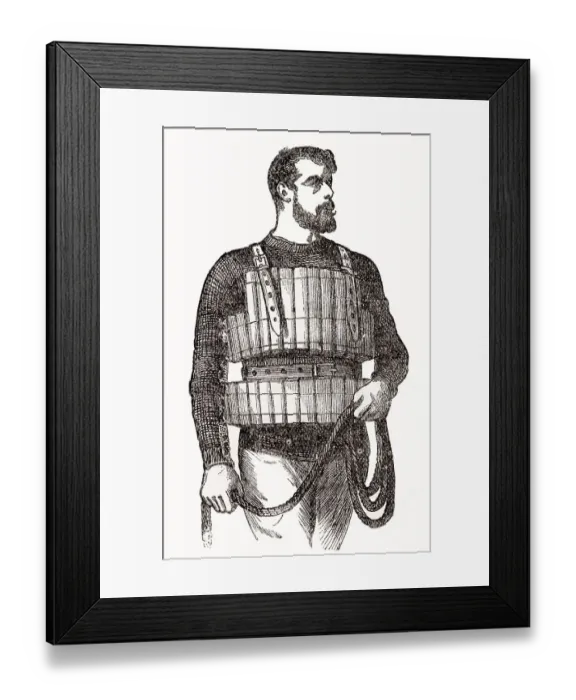 Framed Print : Man wearing lifebelt around body, designed by Admiral J. R Ward in 1854. Date: 1881 Framed Print : Man wearing lifebelt around body, designed by Admiral J. R Ward in 1854. Date: 1881