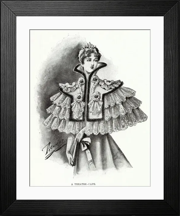 Framed Print : Woman wearing a white old point lace cape with collar, with choux of pale green and pale blue velvet. Date: 1896 Framed Print : Woman wearing a white old point lace cape with collar, with choux of pale green and pale blue velvet. Date: 1896