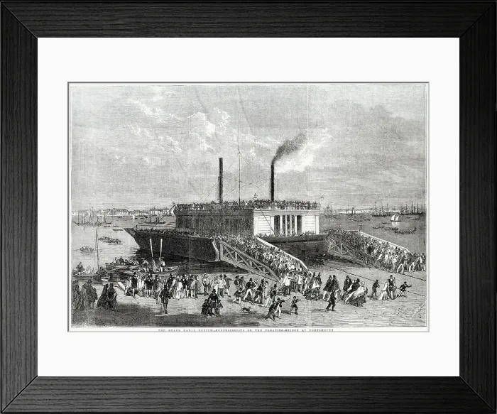 Framed Print : The grand naval review-excursionists on the floating-bridge in Portsea Island, Portsmouth. Date: 1856 Framed Print : The grand naval review-excursionists on the floating-bridge in Portsea Island, Portsmouth. Date: 1856