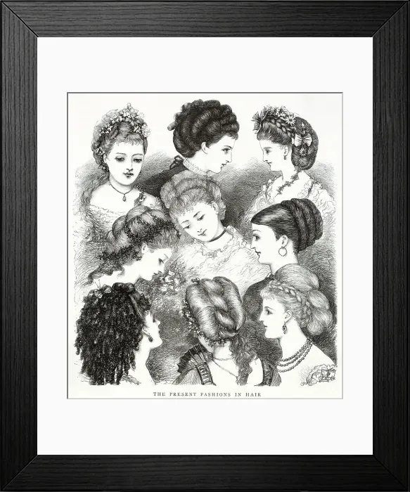 Framed Print : Fashions of hairstyles for 1870. Date: 1870 Framed Print : Fashions of hairstyles for 1870. Date: 1870
