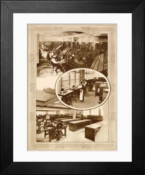 Framed Print : Some of the modern linotype machines which set the type for The Daily Mail in Northcliffe House in Kensington London. (Centre) Ludlow casters by which display type for headings and advertisements is swiftly handled Framed Print : Some of the modern linotype machines which set the type for The Daily Mail in Northcliffe House in Kensington London. (Centre) Ludlow casters by which display type for headings and advertisements is swiftly handled