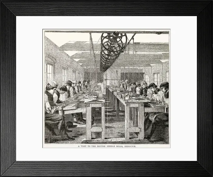 Framed Print : Thomas Samuel & Sons British needle Mills in Redditch, Worcestershire. Men making spring steel needles and fish hooks. Date: 1862 Framed Print : Thomas Samuel & Sons British needle Mills in Redditch, Worcestershire. Men making spring steel needles and fish hooks. Date: 1862