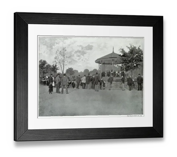 Framed Print : Crowd listening to live music on the bandstand in Battersea Park, London. Date: late 1890s Framed Print : Crowd listening to live music on the bandstand in Battersea Park, London. Date: late 1890s