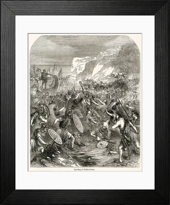 Framed Print : Julius Caesar dismbarking at Deal the South-East coast of England, fighting on the shore. Date: 55 BC Framed Print : Julius Caesar dismbarking at Deal the South-East coast of England, fighting on the shore. Date: 55 BC