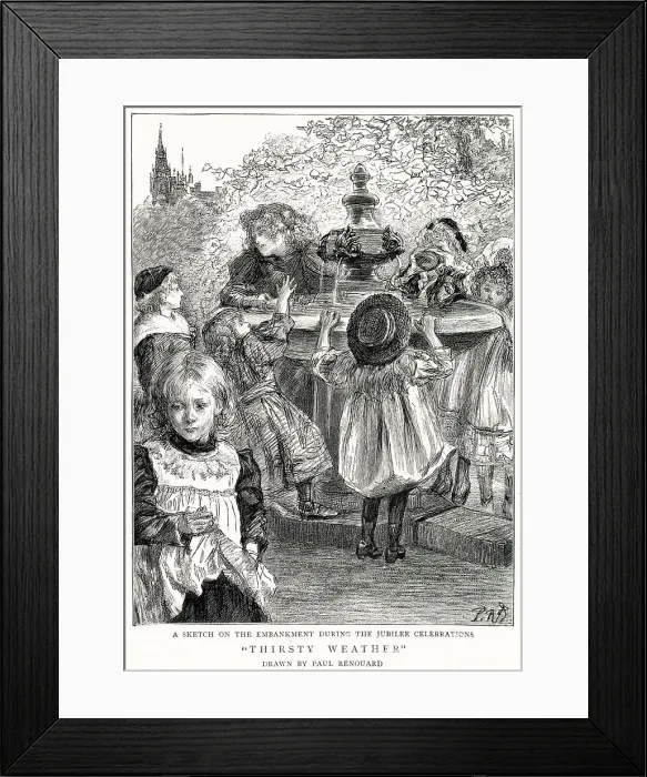 Framed Print : During a hot day at Embankment, London, young children gathering round a public water fountain during the celebrations of the Queen Victoria's Diamond Jubilee. Date: July 1897 Framed Print : During a hot day at Embankment, London, young children gathering round a public water fountain during the celebrations of the Queen Victoria's Diamond Jubilee. Date: July 1897