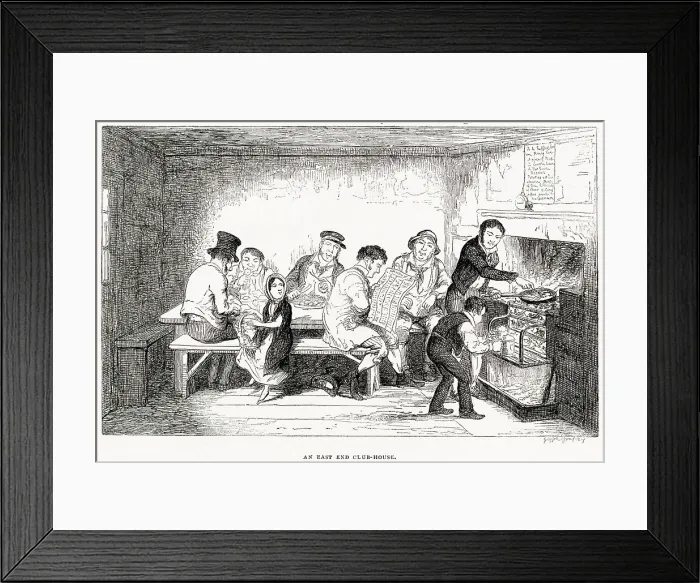 Framed Print : Christmas-Eve dinner time in the East End club-house, where everyone brought their own dinner to cook themselves, over the community oven with one frying-pan Framed Print : Christmas-Eve dinner time in the East End club-house, where everyone brought their own dinner to cook themselves, over the community oven with one frying-pan