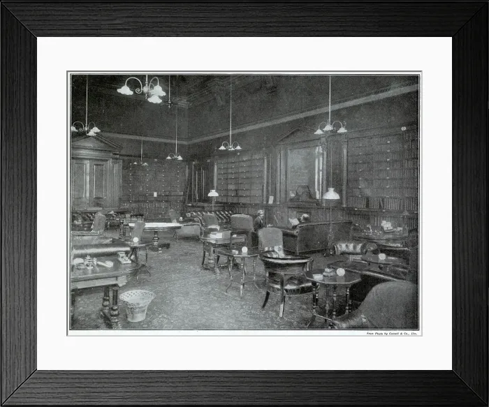 Framed Print : Interior of the smoking-room in Carlton Club, London, was the headquarters of the Conservative Party, from time to time deliberations took place. The 65 feet by 36 feet room was originally the library fitted with bookshelves Framed Print : Interior of the smoking-room in Carlton Club, London, was the headquarters of the Conservative Party, from time to time deliberations took place. The 65 feet by 36 feet room was originally the library fitted with bookshelves