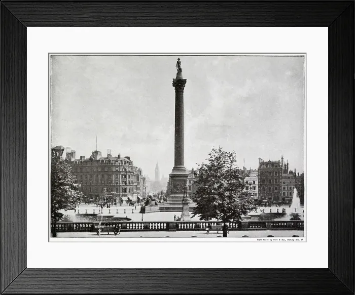 Framed Print : Photograph taken from the middle of the terrace of the National Gallery, Trafalgar Square with Nelson's Column in the middle and Whitehall behind. Date: 1890s Framed Print : Photograph taken from the middle of the terrace of the National Gallery, Trafalgar Square with Nelson's Column in the middle and Whitehall behind. Date: 1890s