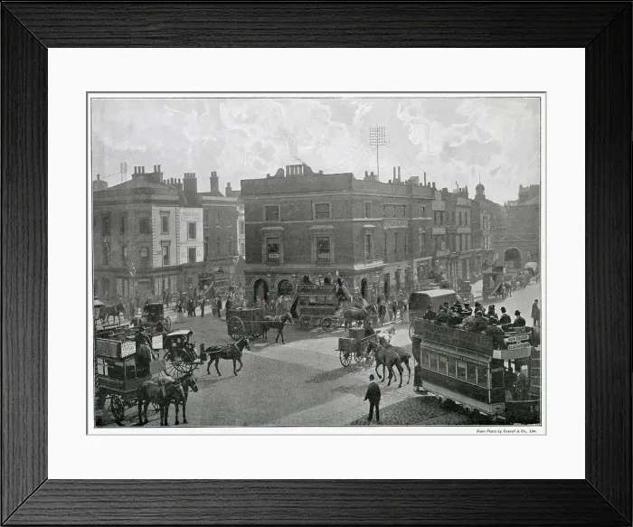Framed Print : Half a mile away from Westminster, Waterloo and Blackfriars Bridge, situated at the northern end of Walworth Road and the beginning of New Cross Road. The building with a cupola is a station of the South London Electric Railway. Date: 1897 Framed Print : Half a mile away from Westminster, Waterloo and Blackfriars Bridge, situated at the northern end of Walworth Road and the beginning of New Cross Road. The building with a cupola is a station of the South London Electric Railway. Date: 1897