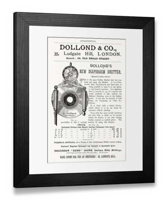 Framed Print : Advert for Dollond's new diaphragm shutter 1892 Framed Print : Advert for Dollond's new diaphragm shutter 1892