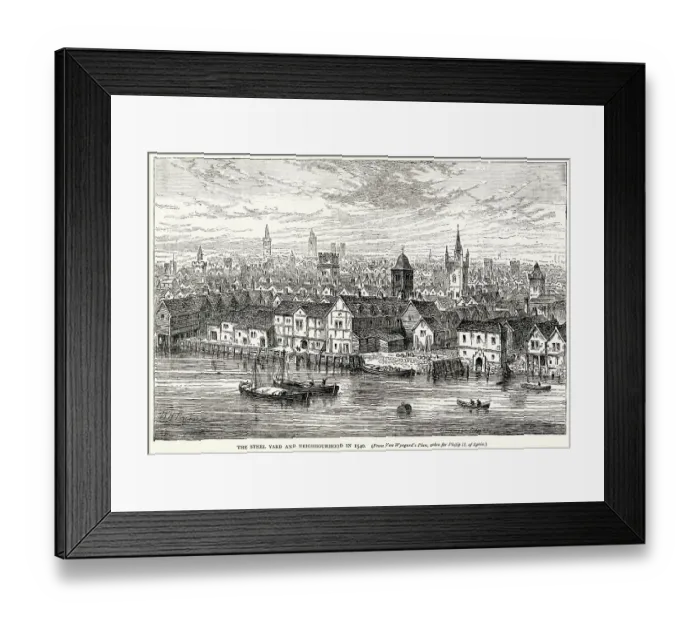 Framed Print : The Steel yard and neighbourhood, located on the north bank of the River Thames by the outflow of the Walbrook, in the Dowgate ward of the City of London Framed Print : The Steel yard and neighbourhood, located on the north bank of the River Thames by the outflow of the Walbrook, in the Dowgate ward of the City of London