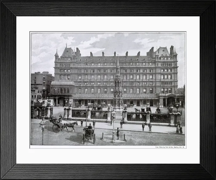 Framed Print : The Charing Cross Hotel with entrance to the station obtained from the large yard, which had lots of horse driven hansom cabs outside. Date: 1896 Framed Print : The Charing Cross Hotel with entrance to the station obtained from the large yard, which had lots of horse driven hansom cabs outside. Date: 1896