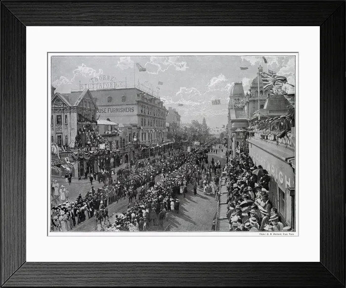 Framed Print : Adderley Street, crowds gather to watch thoroughfare going past, with British Union Jack flying proudly from the buildings. Date: 22nd June 1897 Framed Print : Adderley Street, crowds gather to watch thoroughfare going past, with British Union Jack flying proudly from the buildings. Date: 22nd June 1897
