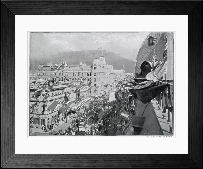 Framed Print : Photograph taken from the roof-tops of South Africa Capital, Cape Town. Jubilee procession passing the streets with flags fluttering between the telegraph wires. Date: 22nd June 1897 Framed Print : Photograph taken from the roof-tops of South Africa Capital, Cape Town. Jubilee procession passing the streets with flags fluttering between the telegraph wires. Date: 22nd June 1897