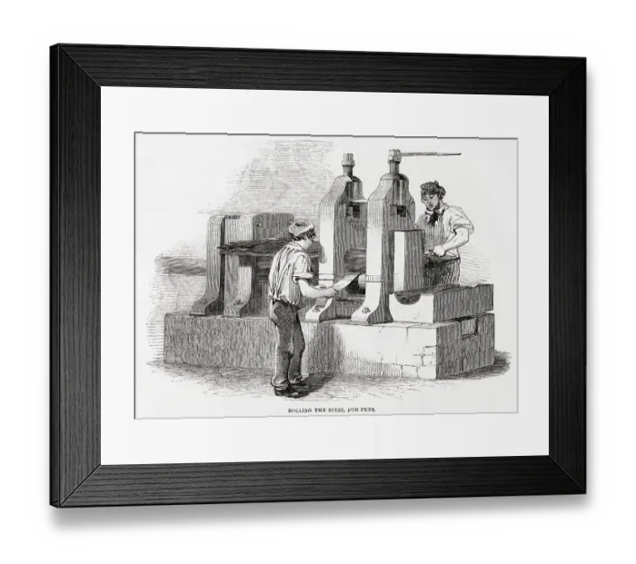 Framed Print : Rolling the steel for pens, at Messrs Hinks, Wells and Co. in Birmingham. Date: 1851 Framed Print : Rolling the steel for pens, at Messrs Hinks, Wells and Co. in Birmingham. Date: 1851