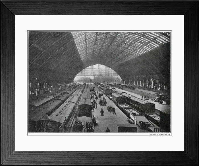 Framed Print : Interior of St. Pancras Railway Station, showing the magnificent canopy dwarfing the trains beneath. Date: 1896 Framed Print : Interior of St. Pancras Railway Station, showing the magnificent canopy dwarfing the trains beneath. Date: 1896