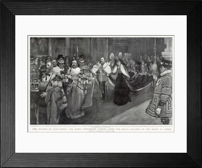 Framed Print : The Opening of Parliament, Edward VII passing along the Royal Gallery to the House of Lords. Date: 14th February 1901 Framed Print : The Opening of Parliament, Edward VII passing along the Royal Gallery to the House of Lords. Date: 14th February 1901
