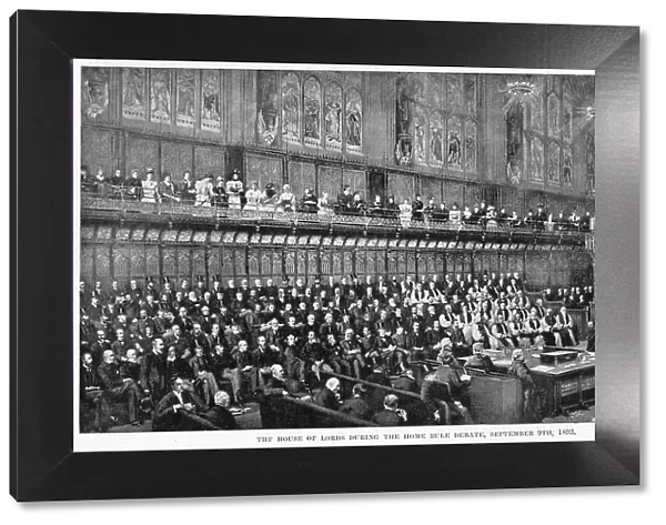 The House of Lords during the HOme Rule debate, Lord Chancellor (Lord Herschell) about to put the question. Date: 9th September 1893
