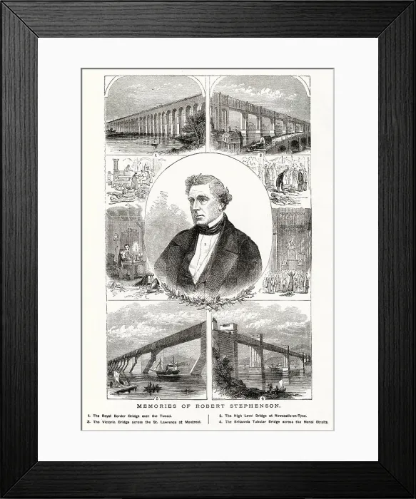 Framed Print : Robert Stephenson (1803 - 1859), English civil engineer and designer of locomotives. Montage of some of bridges that Stephenson had engineered in his lifetime Framed Print : Robert Stephenson (1803 - 1859), English civil engineer and designer of locomotives. Montage of some of bridges that Stephenson had engineered in his lifetime