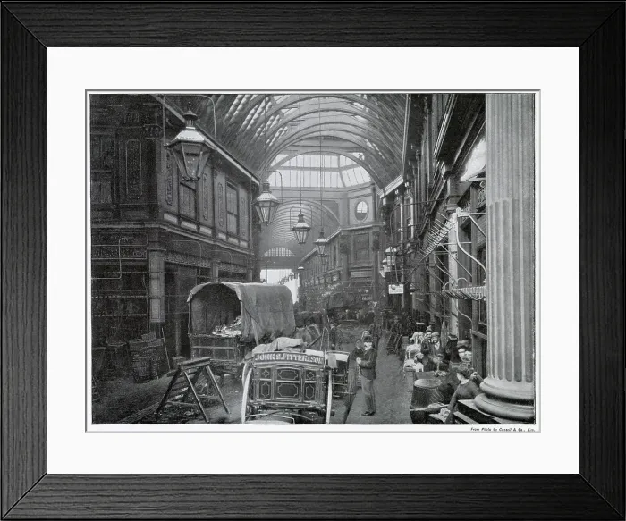 Framed Print : Interior of Leadenhall Market, covered market. Chief market for poultry and game, located in located on Gracechurch Street, London. Date: late 1890s Framed Print : Interior of Leadenhall Market, covered market. Chief market for poultry and game, located in located on Gracechurch Street, London. Date: late 1890s