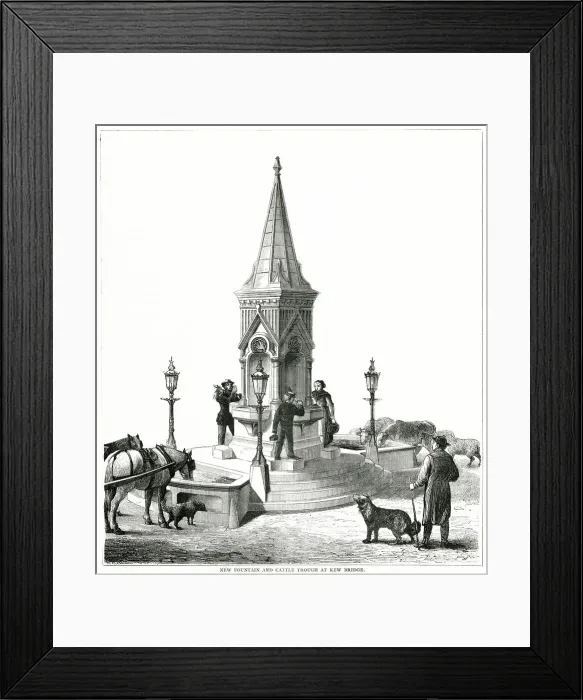 Framed Print : Brentford public fountain for people and animals at Kew Bridge. Erected at the request of Mrs. Wheeler on memorial to her late husband, Samuel Wheeler at a cost of £1600. Date: 1877 Framed Print : Brentford public fountain for people and animals at Kew Bridge. Erected at the request of Mrs. Wheeler on memorial to her late husband, Samuel Wheeler at a cost of £1600. Date: 1877