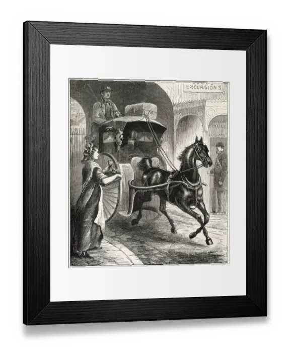Framed Print : Woman selling small bunches of flowers to passers-by as they drive pass. Date: 1873 Framed Print : Woman selling small bunches of flowers to passers-by as they drive pass. Date: 1873