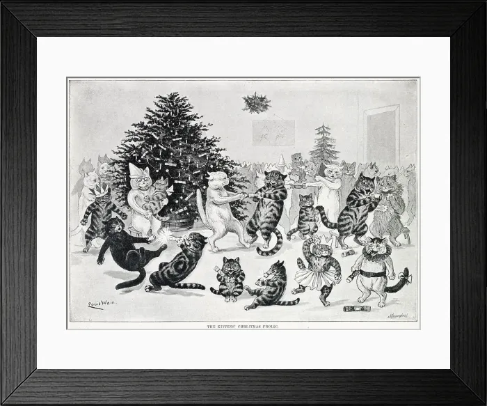 Framed Print : Cats at Christmas pulling crackers and dancing. Date: 1894 Framed Print : Cats at Christmas pulling crackers and dancing. Date: 1894