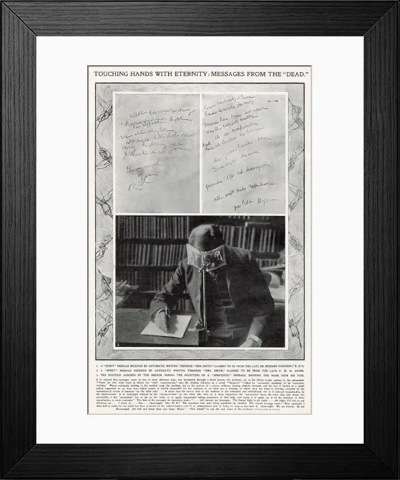 Framed Print : Message from the dead: Photograph of a medium during the reception of a spiritualistic message with a mask over his eyes. Date: 1908 Framed Print : Message from the dead: Photograph of a medium during the reception of a spiritualistic message with a mask over his eyes. Date: 1908