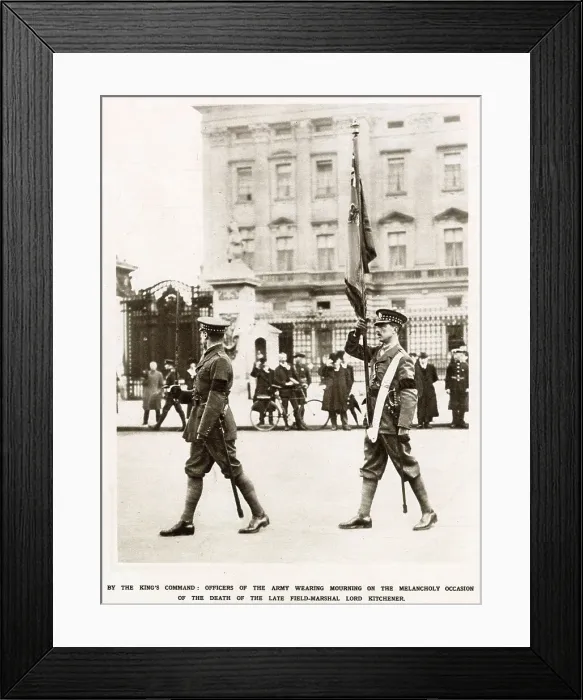 Framed Print : Two British officers of the Scots Guards bearing the Colour at the changing of the guard at Buckingham palace. The two soldiers are seen in black crepe armbands, as ordered by the King, following the death of Lord Kitchener (1850-1916) Framed Print : Two British officers of the Scots Guards bearing the Colour at the changing of the guard at Buckingham palace. The two soldiers are seen in black crepe armbands, as ordered by the King, following the death of Lord Kitchener (1850-1916)