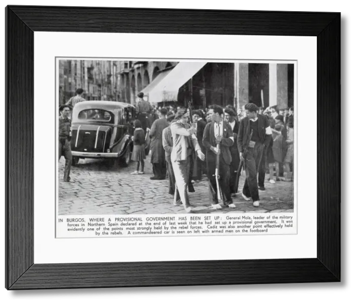Framed Print : Men of the Nationalist Militia, under the command of General Emilio Mola, in the city of Burgos, northern Spain, July 1936. At this point in the war, many of the combatents had guns, but not uniforms. Date: 1936 Framed Print : Men of the Nationalist Militia, under the command of General Emilio Mola, in the city of Burgos, northern Spain, July 1936. At this point in the war, many of the combatents had guns, but not uniforms. Date: 1936