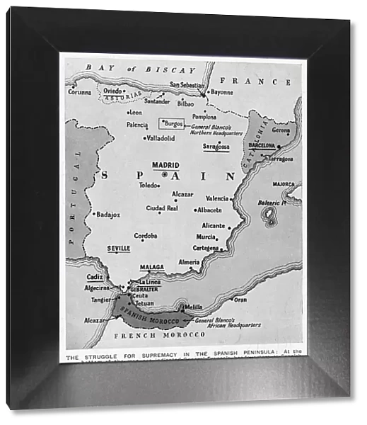 Map of Spain showing the situation at the beginning of the Spanish Civil War, July 1936. The heaviest fighting in July took place in the places underlined on the map: Madrid, Barcelona, Oviedo, Saragossa, Seville, Malaga, Cadiz and La Linea