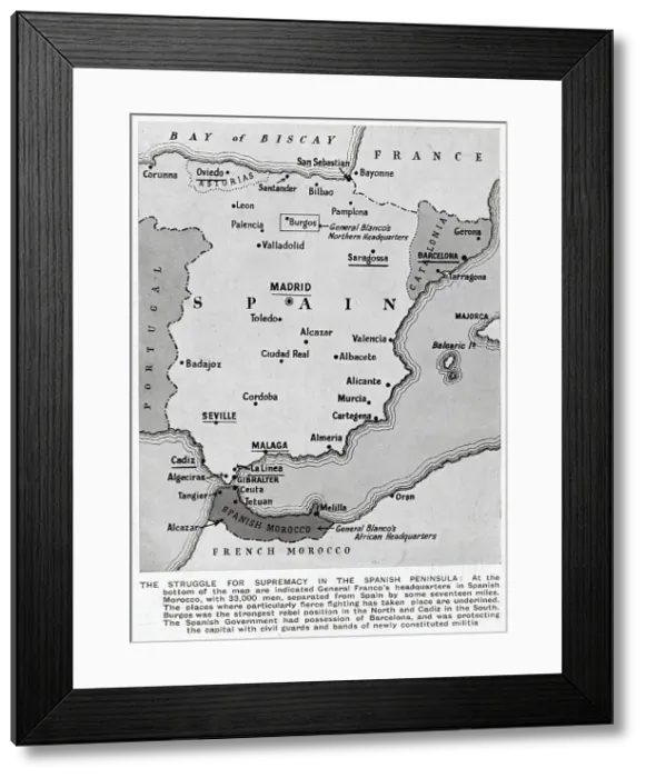 Framed Print : Map of Spain showing the situation at the beginning of the Spanish Civil War, July 1936. The heaviest fighting in July took place in the places underlined on the map: Madrid, Barcelona, Oviedo, Saragossa, Seville, Malaga, Cadiz and La Linea Framed Print : Map of Spain showing the situation at the beginning of the Spanish Civil War, July 1936. The heaviest fighting in July took place in the places underlined on the map: Madrid, Barcelona, Oviedo, Saragossa, Seville, Malaga, Cadiz and La Linea