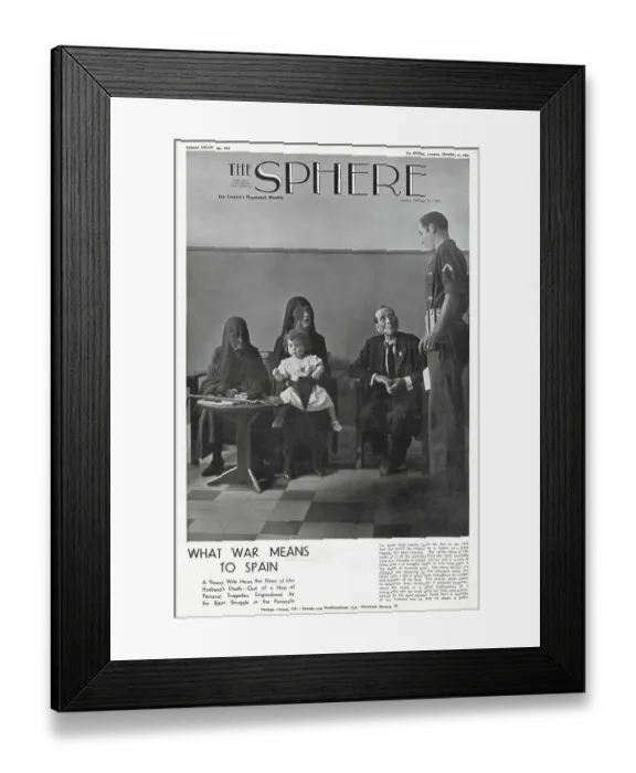 Framed Print : The scene at a Nationalist headquarters as a young widow (centre, with child) hears about her husband's death in action, from one of his former comrades, during the Spanish Civil War, 1936. The widow is seen flanked by her parents. Date: 1936 Framed Print : The scene at a Nationalist headquarters as a young widow (centre, with child) hears about her husband's death in action, from one of his former comrades, during the Spanish Civil War, 1936. The widow is seen flanked by her parents. Date: 1936