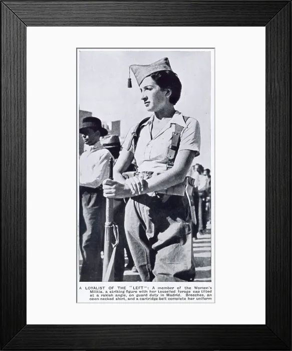 Framed Print : A member of the Republican Women's Militia, on guard duty in Madrid, at the beginning of the Spanish Civil War 1936. Date: 1936 Framed Print : A member of the Republican Women's Militia, on guard duty in Madrid, at the beginning of the Spanish Civil War 1936. Date: 1936