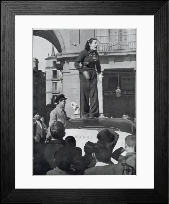 Framed Print : A female Republican supporter giving a speech on top of a car, Madrid, 1936. It was reported that she was calling for more volunteers to join the Republican army. Date: 1936 Framed Print : A female Republican supporter giving a speech on top of a car, Madrid, 1936. It was reported that she was calling for more volunteers to join the Republican army. Date: 1936