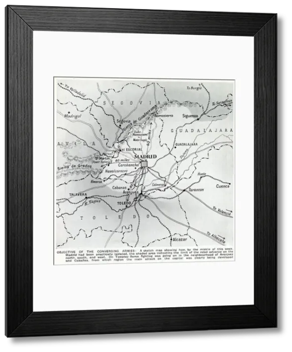 Framed Print : Map showing the position of Nationalist forces, in the shaded area, as they surrounded the Republican held city of Madrid during the Spanish Civil War, October 1936. Date: 1936 Framed Print : Map showing the position of Nationalist forces, in the shaded area, as they surrounded the Republican held city of Madrid during the Spanish Civil War, October 1936. Date: 1936