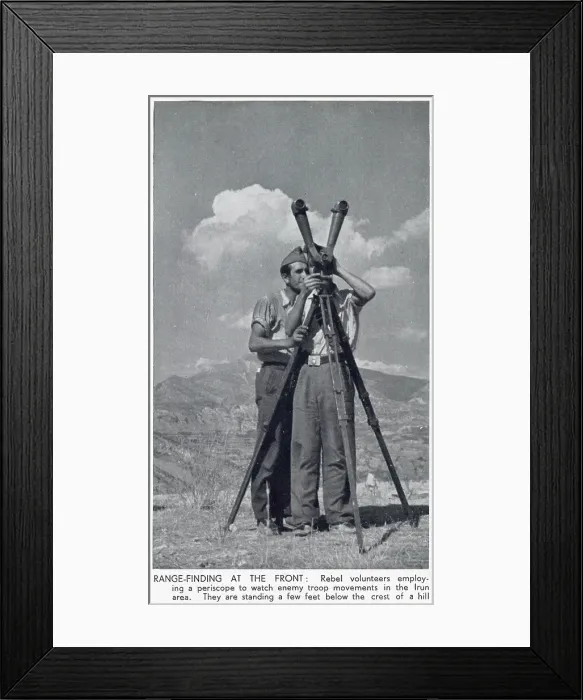 Framed Print : Two members of the Nationalist army using a rangefinder periscope to observe Republican troop movements; Spanish Civil War. Date: 1936 Framed Print : Two members of the Nationalist army using a rangefinder periscope to observe Republican troop movements; Spanish Civil War. Date: 1936